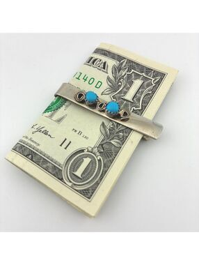 Vintage Nickel Money Clip with Turquoise Stones set in Silver Bezels SW style